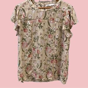 DR2 blouse. Pink floral with ribbon detail. Short ruffled sleeves Size L
